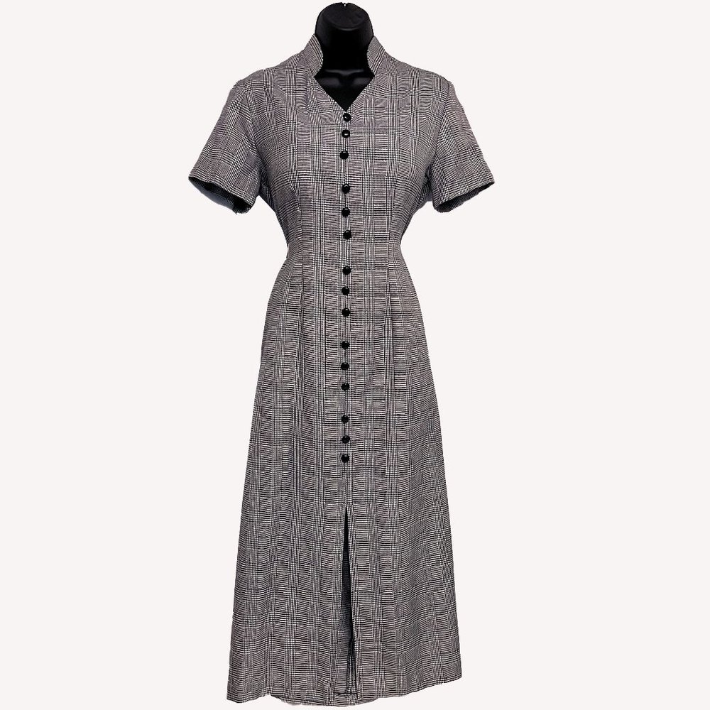 Vintage 80's Dress Sheath Maxi Length Sweetheart Neck Houndstooth Pin Up Style